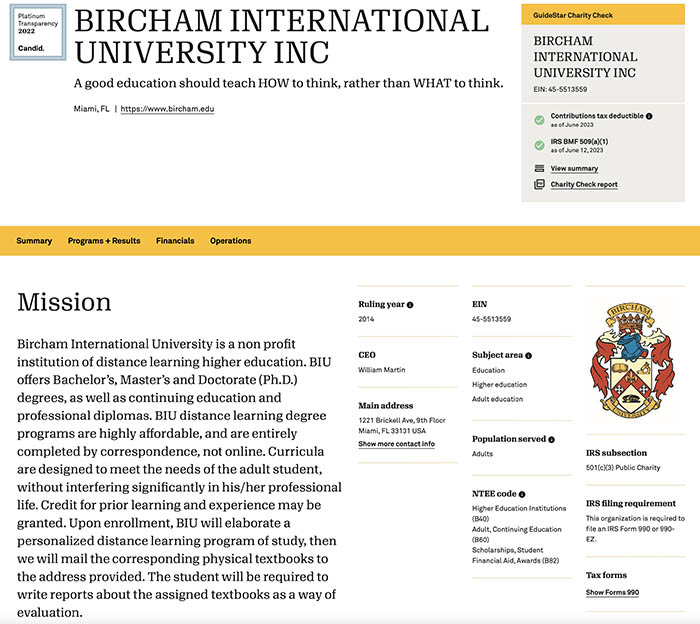 Bircham University Guidestar Seal of Transparency