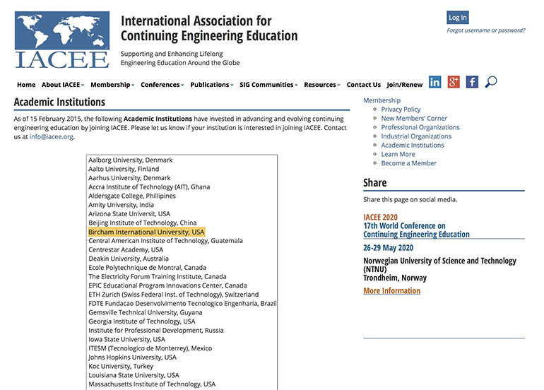 Bircham University IACEE - International Association for Continuing Engineering Education