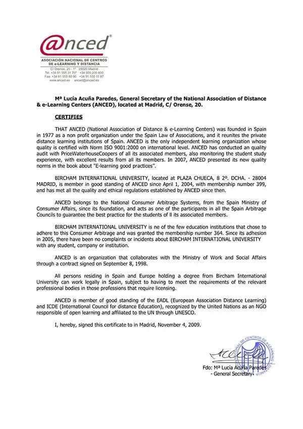 Bircham University ANCED - Asociación Nacional de Centros de Enseñanza a Distancia Bircham University ANCED - Asociación Nacional de Centros de Enseñanza a Distancia