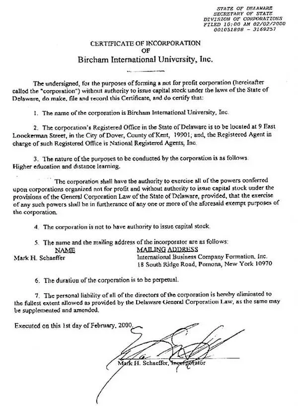 Bircham University USA Non Profit 501c3 Status Bircham University USA Non Profit 501c3 Status