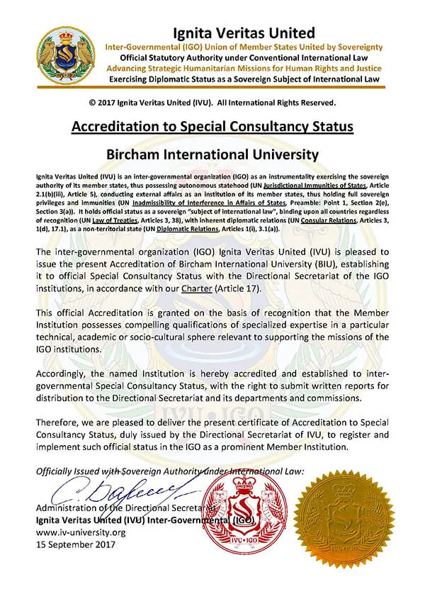 Bircham University IVU IGO - Ignita Veritas United Inter-Governmental Organization Bircham University IVU IGO - Ignita Veritas United Inter-Governmental Organization