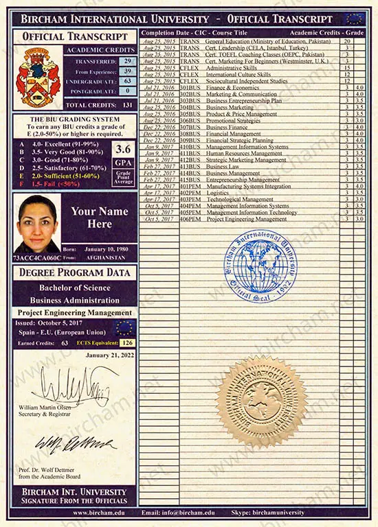 Transcript Transcript Bircham International University